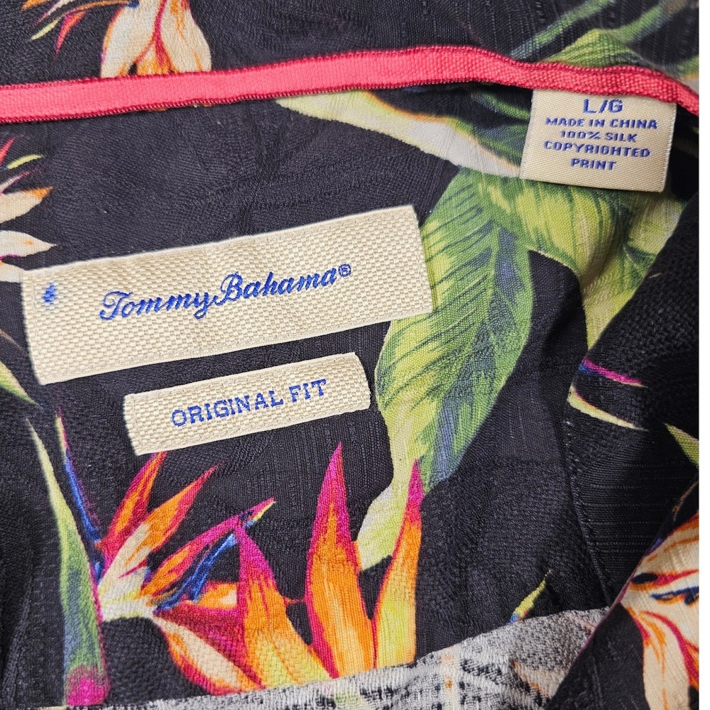 Tommy Bahama Mens Lg Silk Bird of Paradise Floral Camp Shirt Black Original Fit - Picture 3 of 7